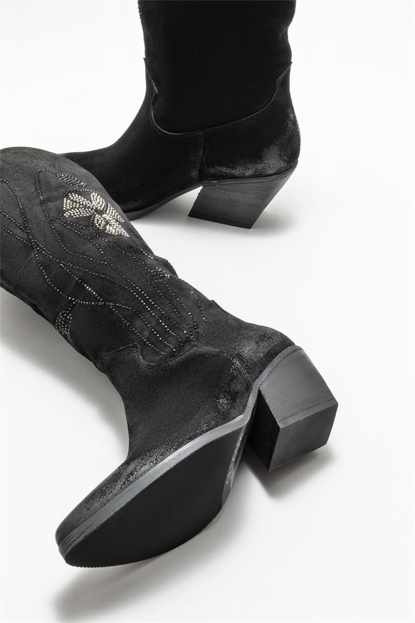 Siyah deri topuklu kadın bot - Elle Shoes
