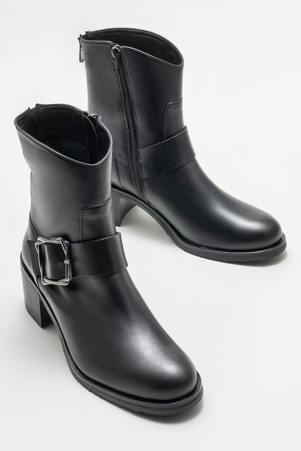 Siyah deri topuklu kadın bot - Elle Shoes