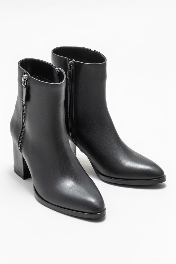 Siyah deri fermuarlı topuklu kadın bot - Elle Shoes