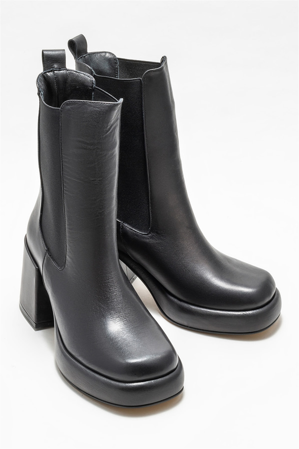 Siyah deri topuklu kadın bot - Elle Shoes