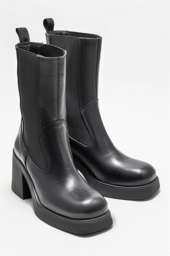 Siyah deri topuklu kadın bot - Elle Shoes