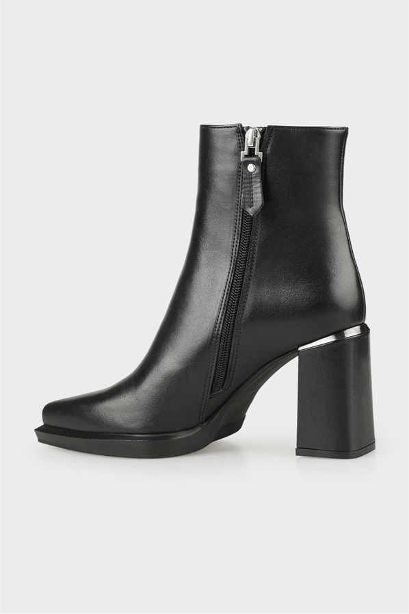 Siyah deri örgü dokulu topuklu kadın bot, ofis stili için - Elle Shoes