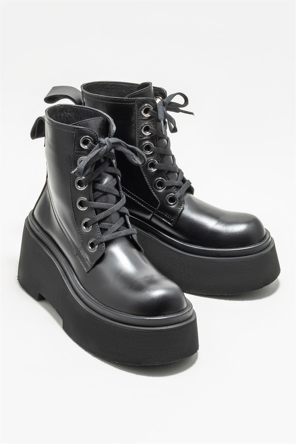 Siyah deri topuklu kadın bot - Elle Shoes