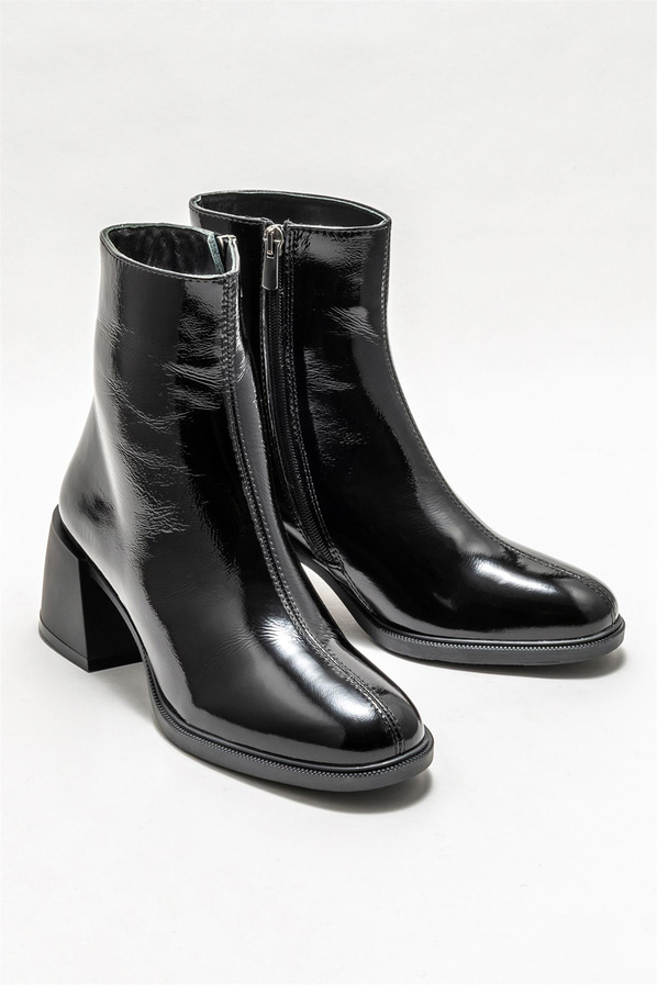 Siyah deri topuklu kadın bot, ofis stili için - Elle Shoes