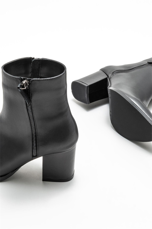 Siyah deri fermuarlı topuklu kadın bot - Elle Shoes