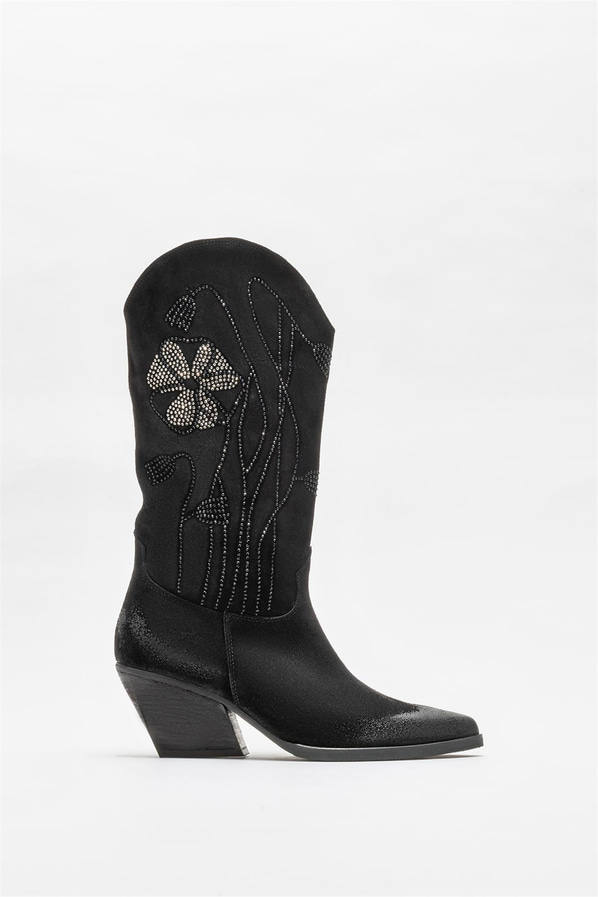 Siyah deri topuklu kadın bot - Elle Shoes