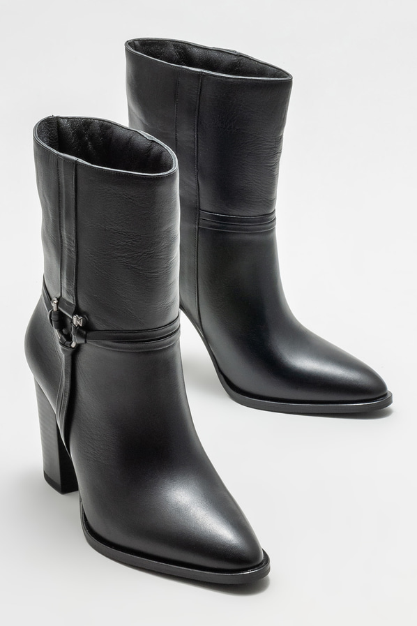 Siyah deri topuklu kadın bot - Elle Shoes