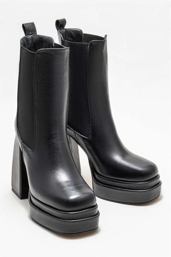 Siyah deri topuklu kadın bot - Elle Shoes