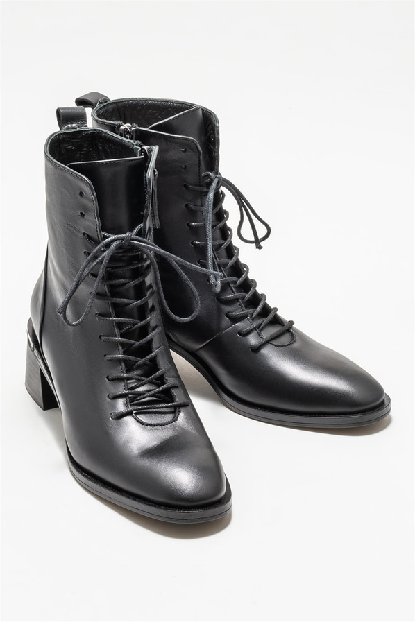 Siyah deri bağcıklı kalın topuklu kadın bot, rahat kullanım için - Elle Shoes