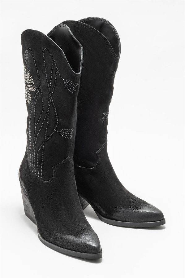 Siyah deri topuklu kadın bot - Elle Shoes