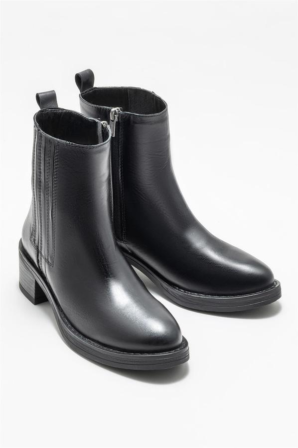 Siyah deri bağcıklı topuklu kadın bot, klasik stil için - Elle Shoes