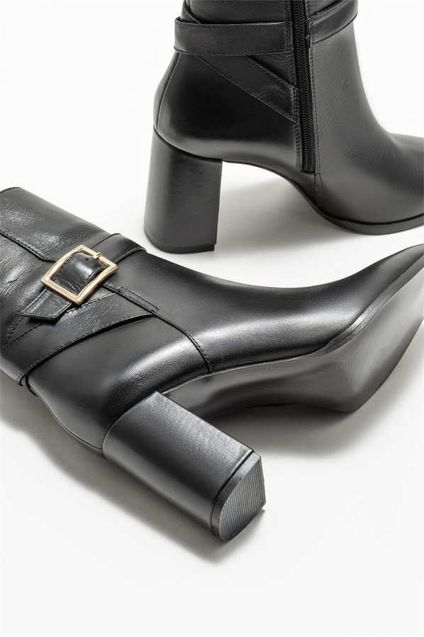 Siyah deri topuklu kadın bot - Elle Shoes