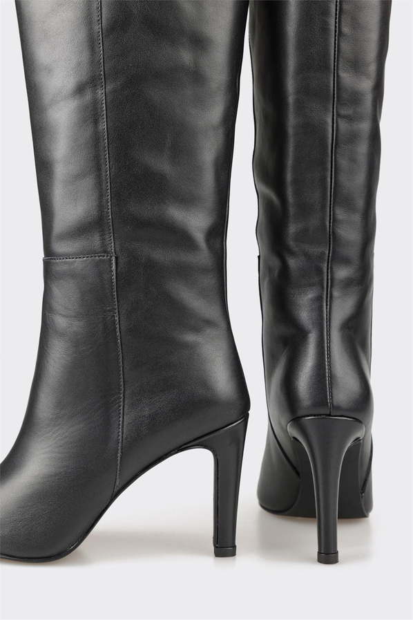 Siyah deri topuklu kadın çizme - Elle Shoes