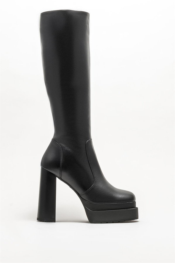 Siyah deri topuklu kadın çizme - Elle Shoes