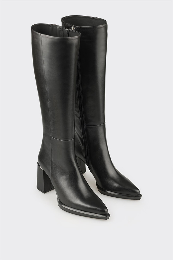 Siyah Deri Kadın Topuklu Çizme