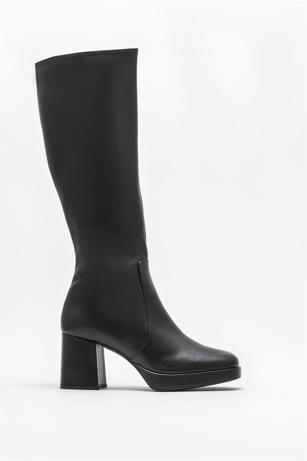 Siyah deri topuklu kadın çizme - Elle Shoes