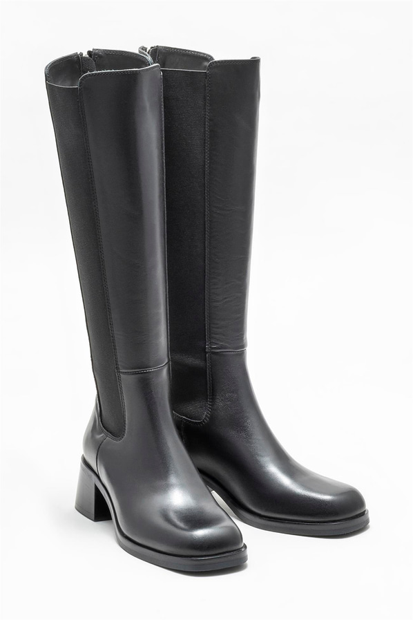 Siyah deri topuklu kadın çizme - Elle Shoes