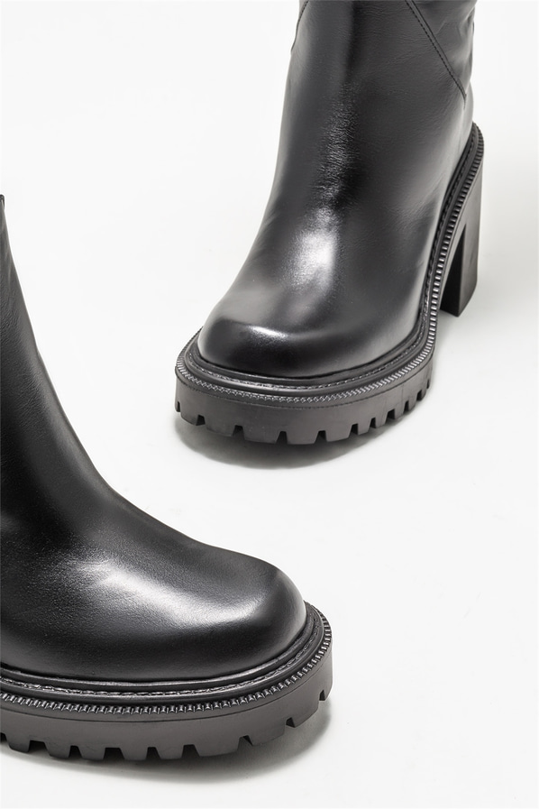 Siyah deri topuklu kadın çizme - Elle Shoes