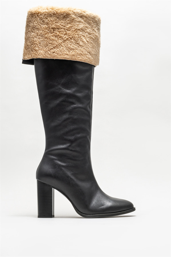Siyah deri topuklu kadın çizme - Elle Shoes