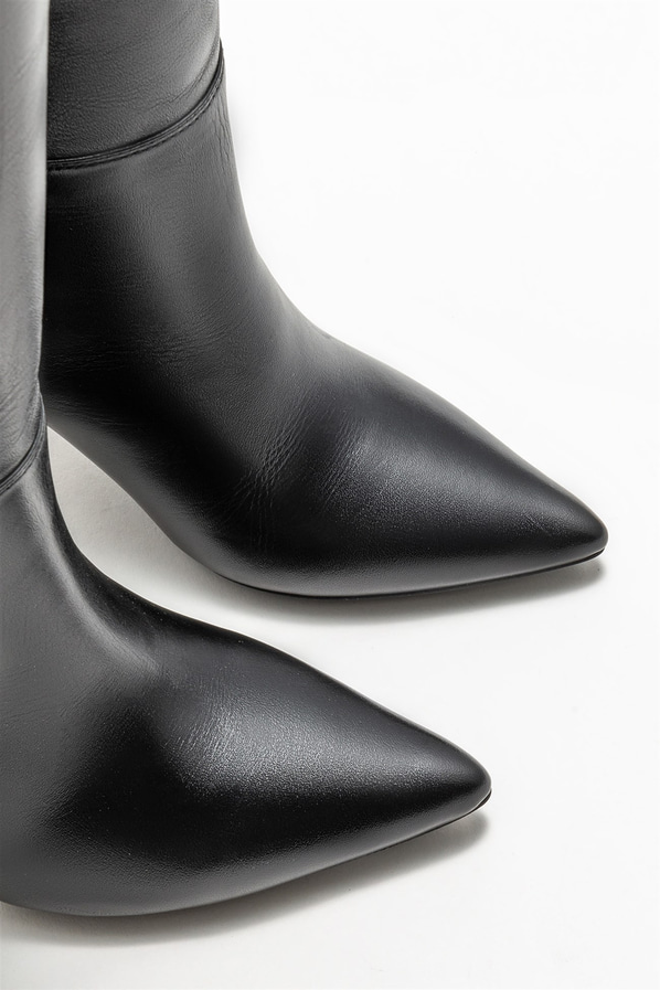 Siyah deri topuklu kadın çizme - Elle Shoes