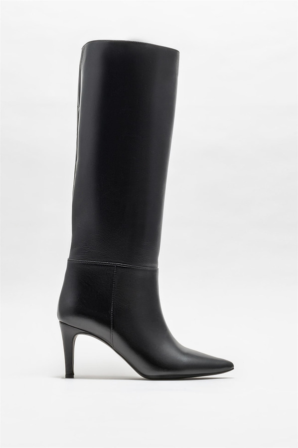 Siyah deri topuklu kadın çizme - Elle Shoes