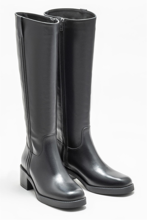 Siyah deri topuklu kadın çizme - Elle Shoes