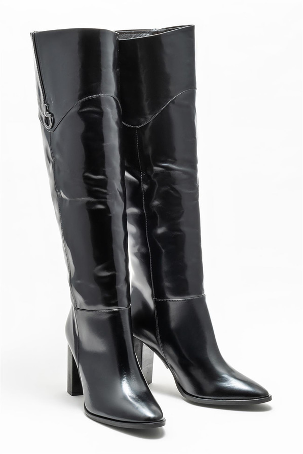 Siyah Deri Kadın Topuklu Çizme