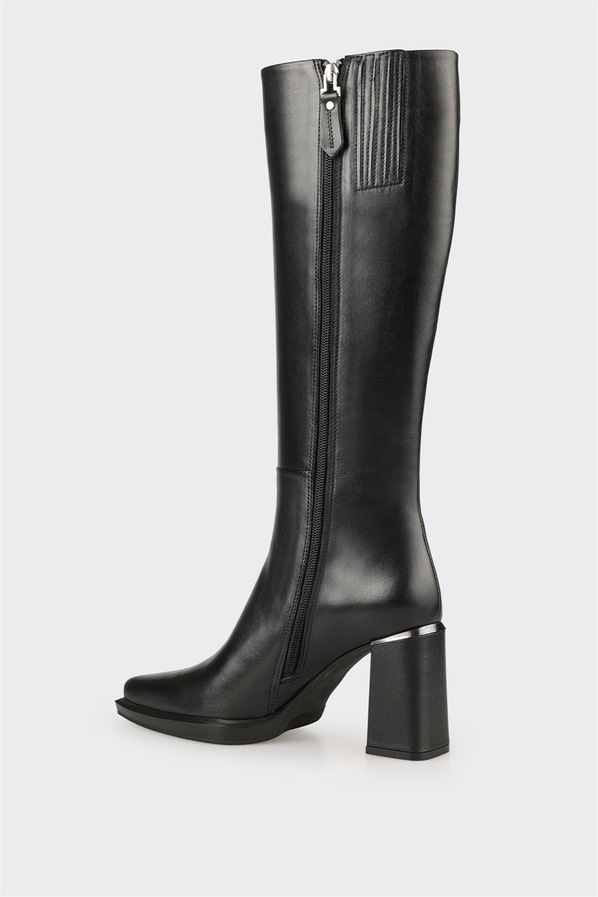 Siyah Deri Kadın Topuklu Çizme