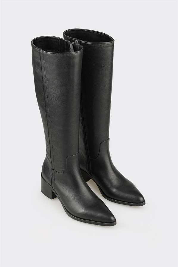 Siyah Deri Kadın Topuklu Çizme