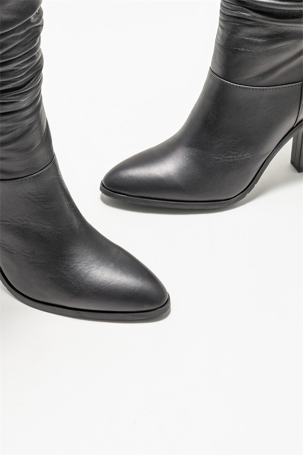 Siyah deri topuklu kadın çizme - Elle Shoes