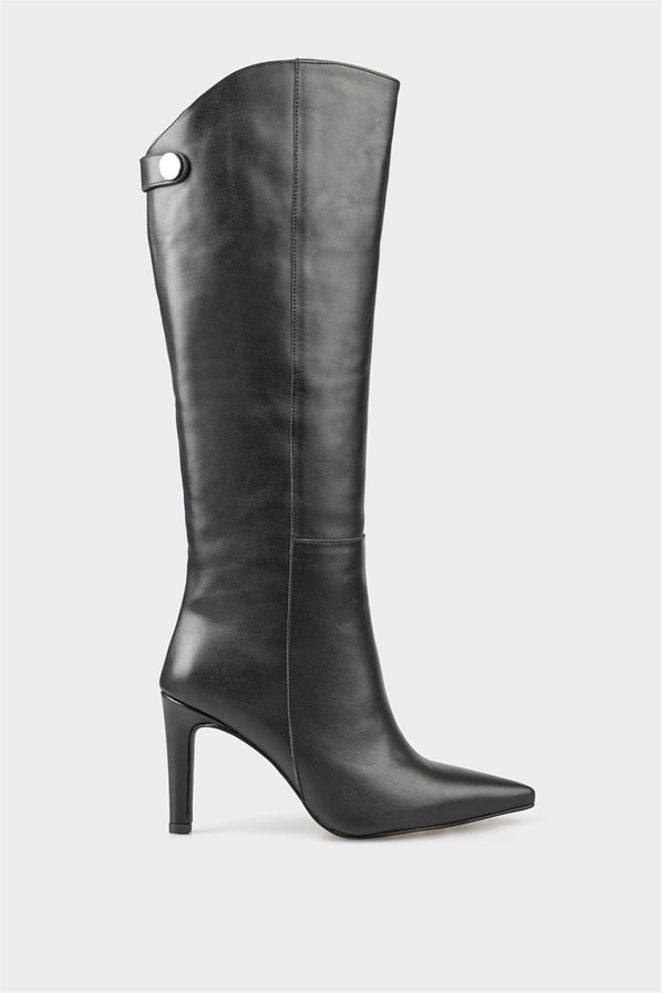 Siyah deri topuklu kadın çizme - Elle Shoes