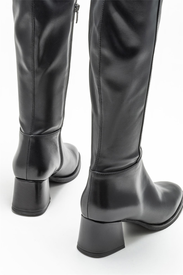 Siyah deri topuklu kadın çizme - Elle Shoes