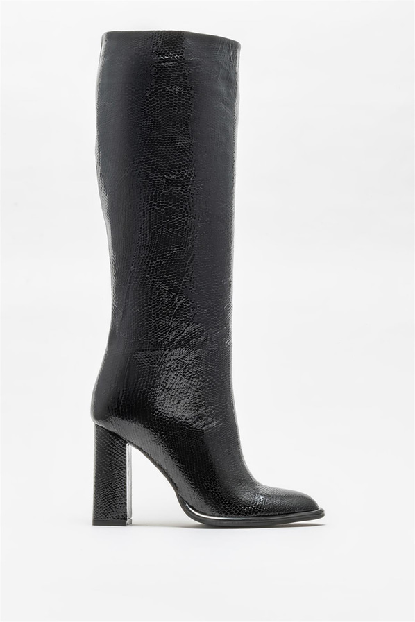 Siyah deri topuklu kadın çizme - Elle Shoes