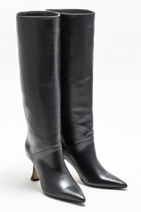 Siyah deri topuklu kadın çizme - Elle Shoes