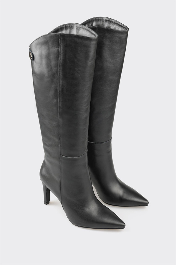 Siyah deri topuklu kadın çizme - Elle Shoes