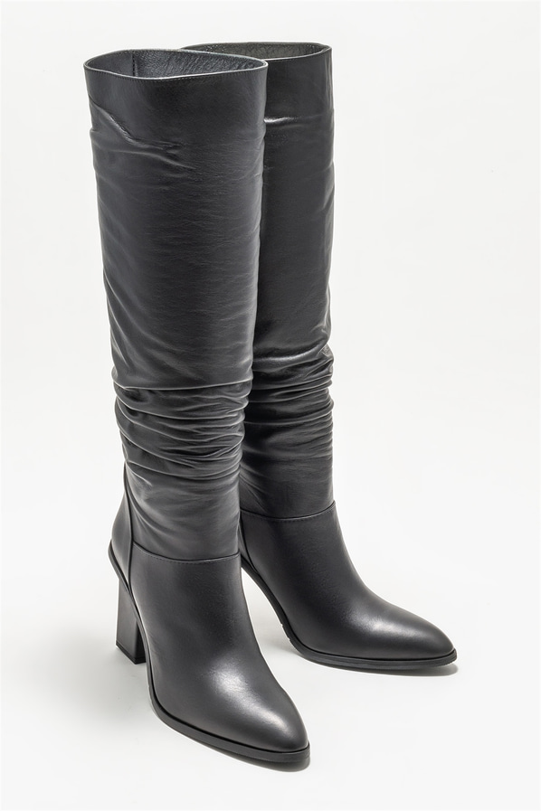 Siyah deri topuklu kadın çizme - Elle Shoes