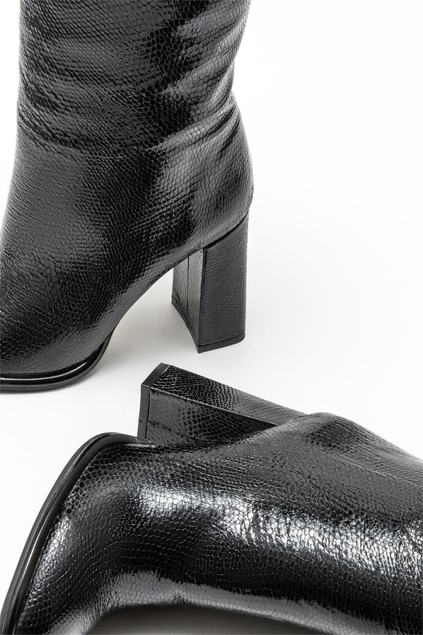 Siyah deri topuklu kadın çizme - Elle Shoes