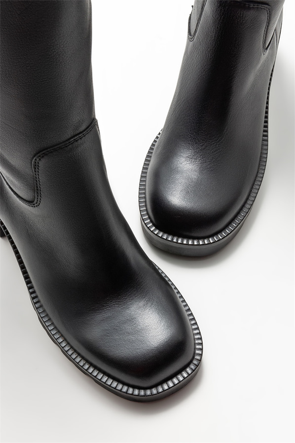 Siyah deri topuklu kadın çizme - Elle Shoes
