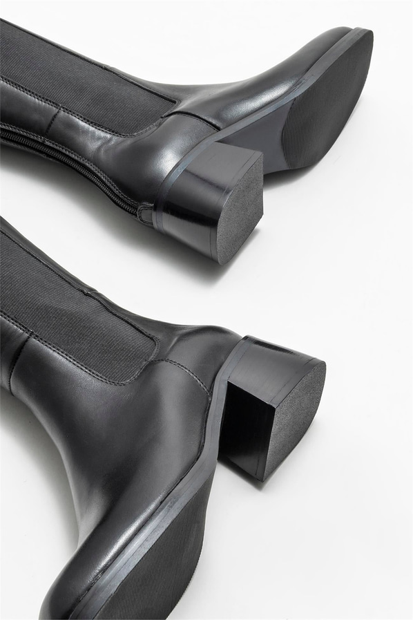 Siyah deri topuklu kadın çizme - Elle Shoes