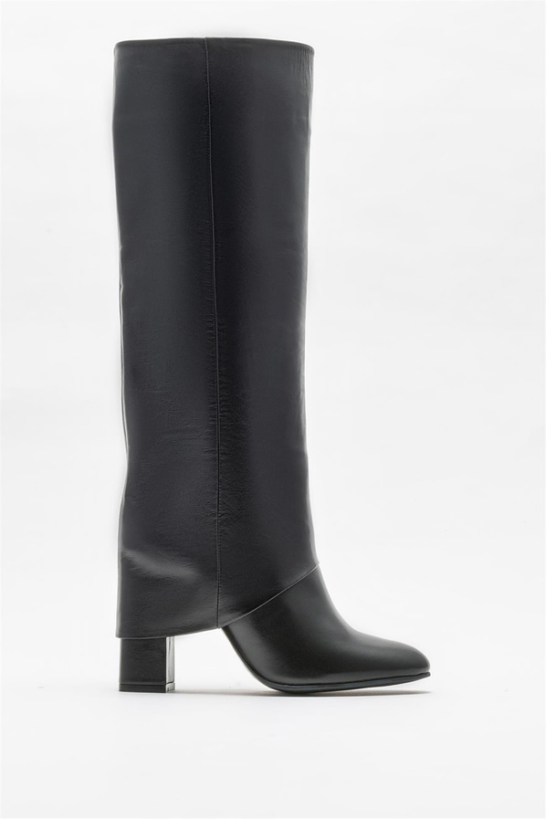 Siyah deri topuklu kadın çizme - Elle Shoes