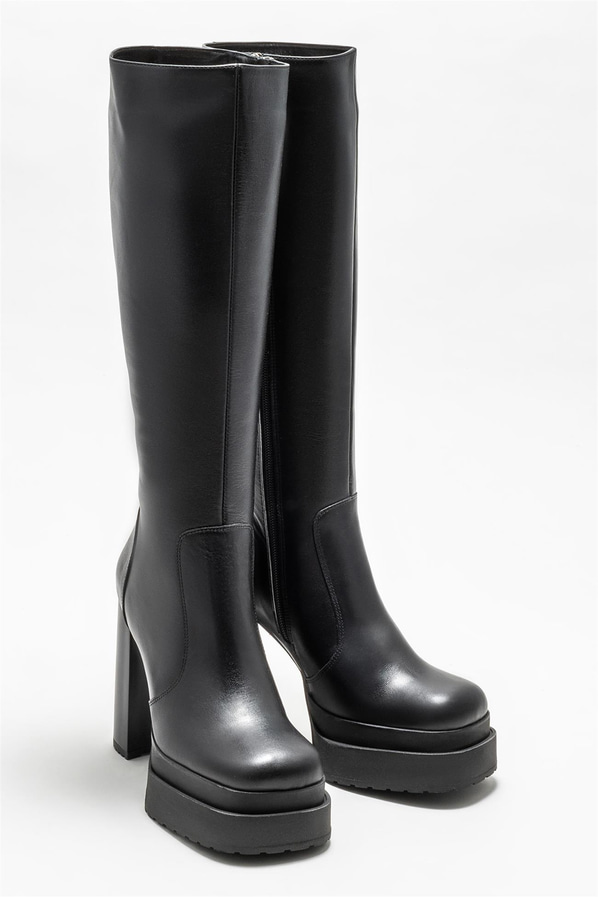 Siyah deri topuklu kadın çizme - Elle Shoes
