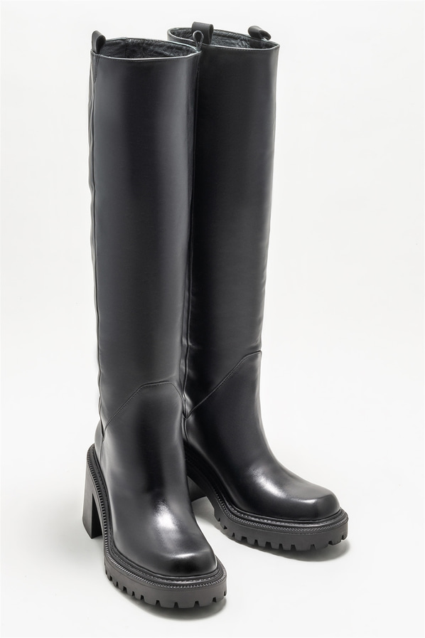 Siyah deri topuklu kadın çizme - Elle Shoes