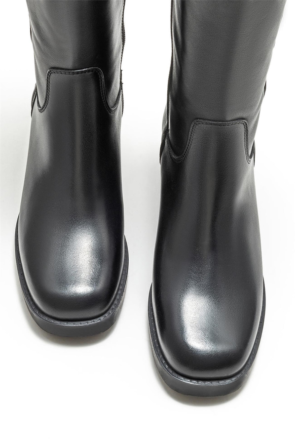 Siyah deri topuklu kadın çizme - Elle Shoes