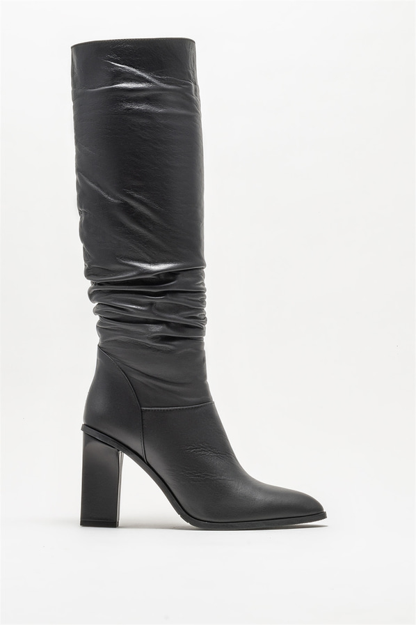 Siyah deri topuklu kadın çizme - Elle Shoes
