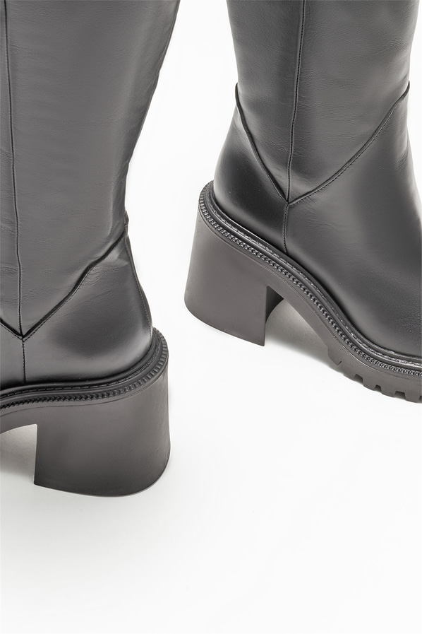 Siyah deri topuklu kadın çizme - Elle Shoes