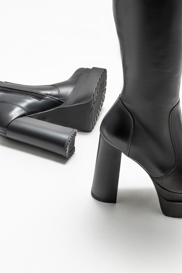 Siyah deri topuklu kadın çizme - Elle Shoes