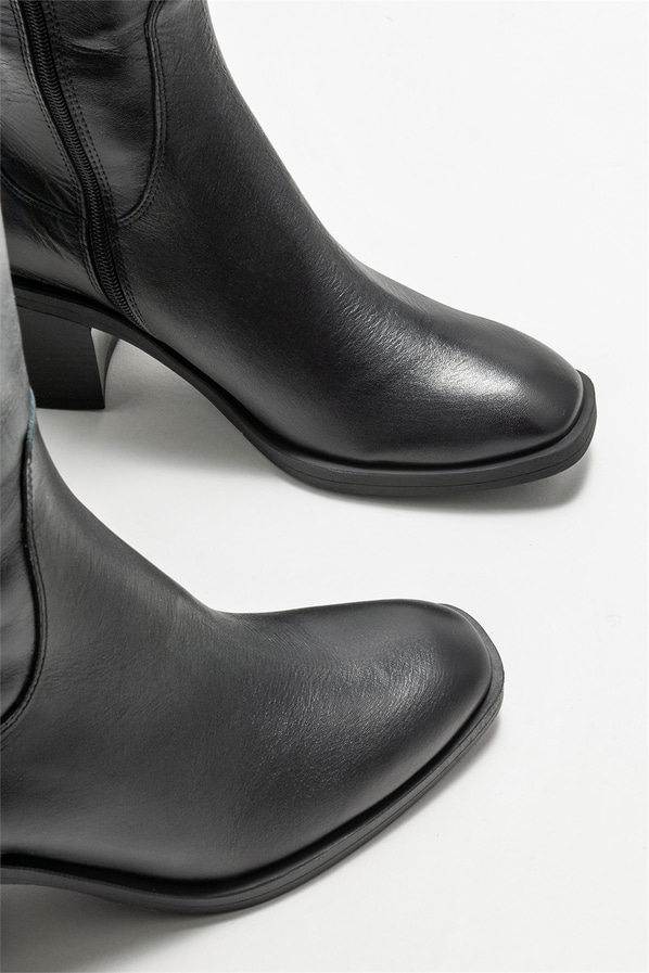 Siyah deri topuklu kadın çizme - Elle Shoes