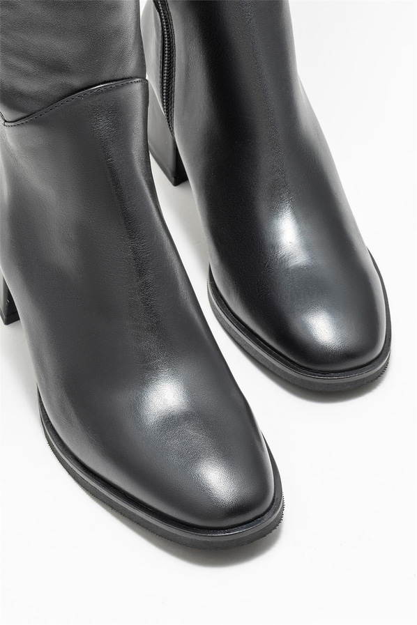 Siyah deri topuklu kadın çizme - Elle Shoes