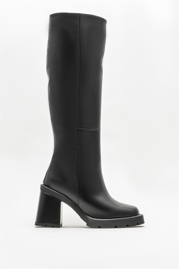 Siyah deri topuklu kadın çizme - Elle Shoes