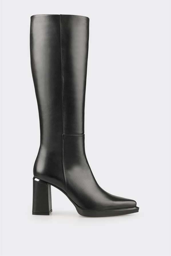 Siyah Deri Kadın Topuklu Çizme